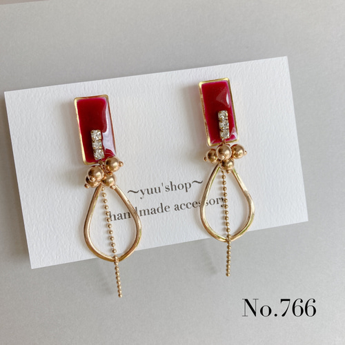 赤レッド＆ストーン しずくゴールド ピアス イヤリング ステンレス金具 