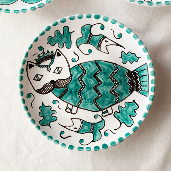 絵皿 20cm マヨリカ焼き さかなねこ イタリア陶器 CRC034 中皿