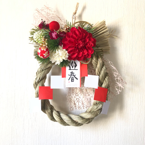 しめ縄リース　赤ダリア しめ縄リース赤ダリア