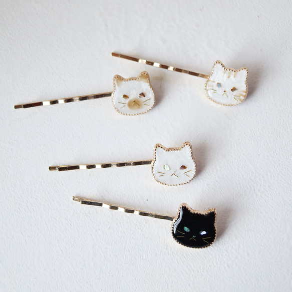 ウルウルおめめの猫ヘアピン 　螺鈿風・シロさん・白猫・パールホワイト 6枚目の画像