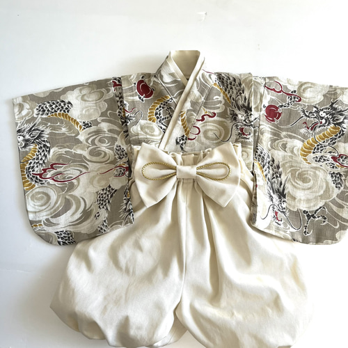 ベビー袴／完成品即納70~80/男の子 和柄 龍 ドラゴン ベージュ