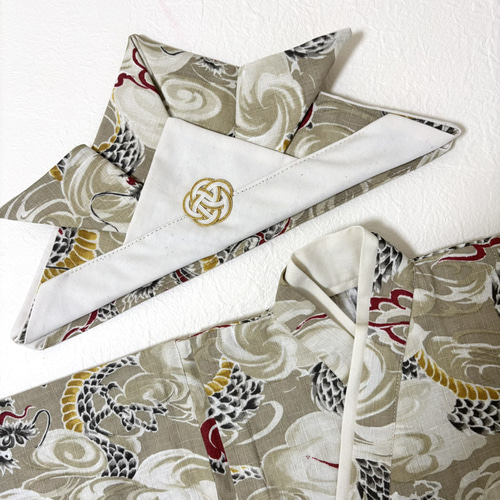 ベビー袴／完成品即納70~80/男の子 和柄 龍 ドラゴン ベージュ