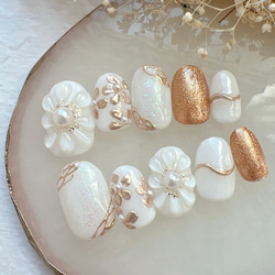 ネイルチップ ホワイト ゴールド ミラーフラワー 花柄