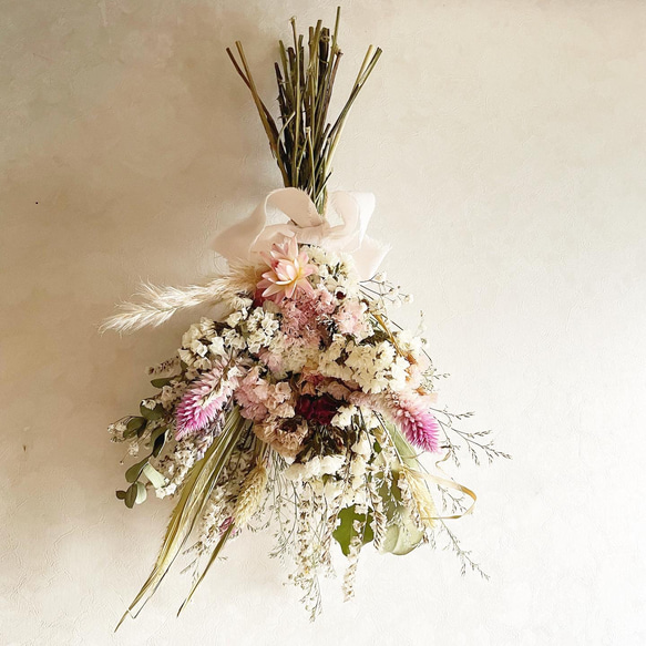 ♡リセピンクと2種のピンクローズの花束スワッグ　ドライフラワーガーランド　ブーケ 3枚目の画像