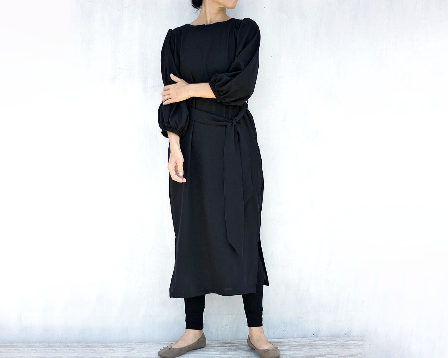 値下げ♪　２L ストレッチワンピ―ス（ジョーゼット風梨地ブラック）