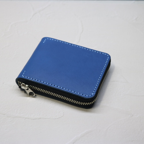 二つ折り財布 本革ファスナー（ブルー） 二つ折り財布 BEE3104
