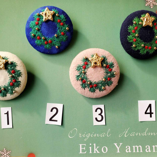 大きな刺繍ブローチくるみボタン クリスマスリース ブローチ