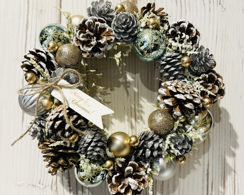 キラキラ松ぼっくりクリスマスリース シャイニーミント リース green