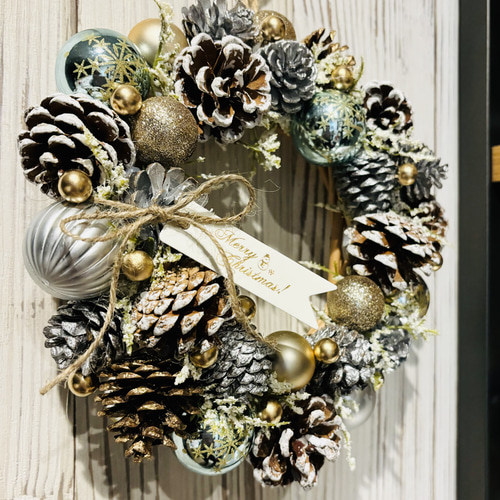 松ぼっくりのグリーンリース キラキラ松ぼっくりクリスマスリース シャイニーミント リース