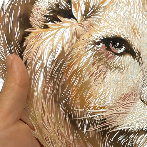 切り絵/リアルカラー「ライオン（マサラライオン）」25cm角/額ありor