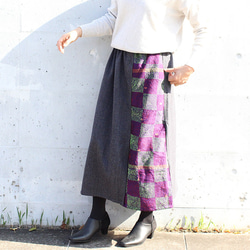 カンタ刺繍シルクとウールのスリットコンビスカート【ヘリンボーンA】 3枚目の画像