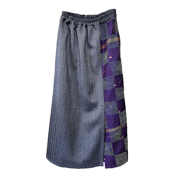 カンタ刺繍シルクとウールのスリットコンビスカート【ヘリンボーンA】 7枚目の画像