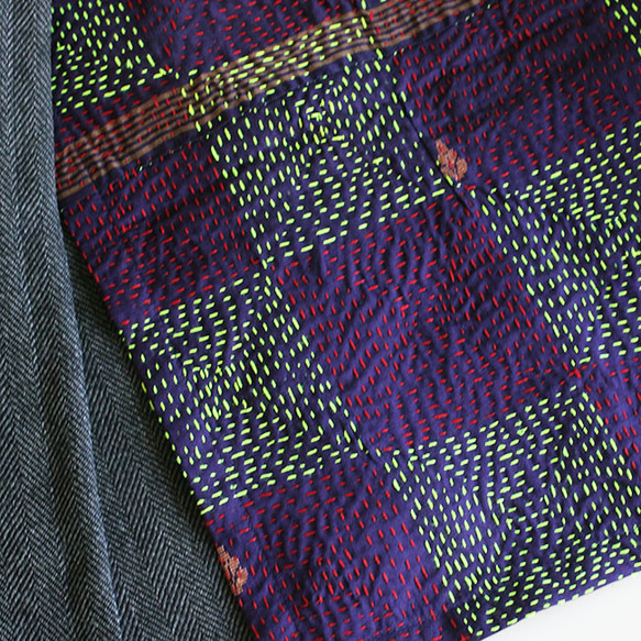 カンタ刺繍シルクとウールのスリットコンビスカート【ヘリンボーンA】 9枚目の画像