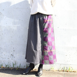 カンタ刺繍シルクとウールのスリットコンビスカート【ヘリンボーンA】 2枚目の画像