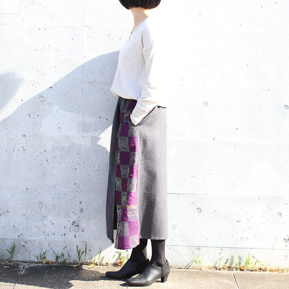 カンタ刺繍シルクとウールのスリットコンビスカート【ヘリンボーンA】 5枚目の画像