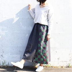 カンタ刺繍シルクとウールのスリットコンビスカート【ヘリンボーンB】 2枚目の画像