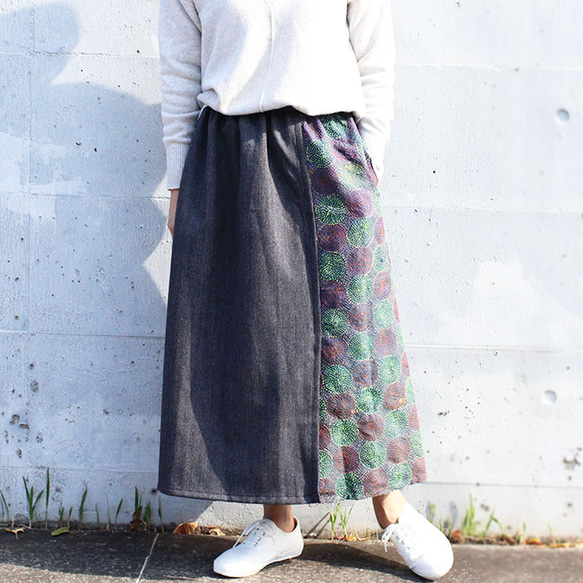 カンタ刺繍シルクとウールのスリットコンビスカート【ヘリンボーンB】 4枚目の画像