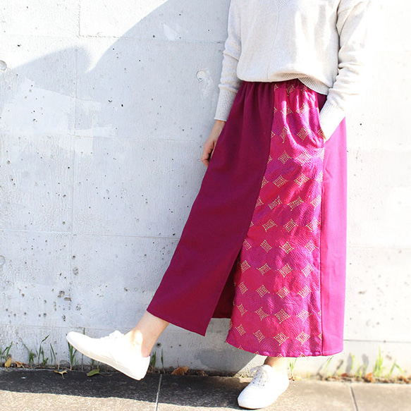 カンタ刺繍シルクとウールのスリットコンビスカート【マゼンタピンクA】 3枚目の画像