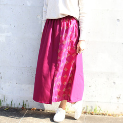 カンタ刺繍シルクとウールのスリットコンビスカート【マゼンタピンクA】 2枚目の画像