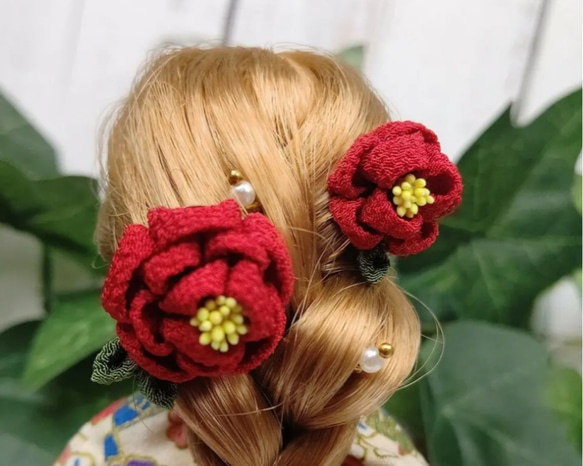リカちゃん　椿の髪飾りセット 4枚目の画像