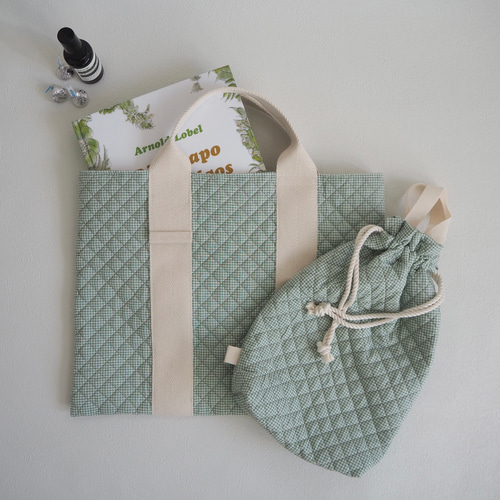 ハンドメイド キルティング レッスンバッグ 上履き入れ ギンガム