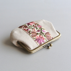 インド刺繍リボンの親子がま口（お財布）キャンバス/ぷっくり　ライトベージュ 6枚目の画像