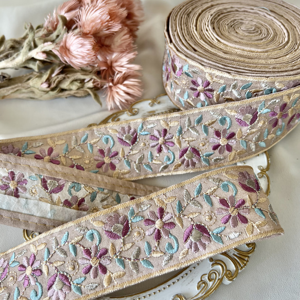 30cm  インド刺繍リボン  シルク  花柄 5枚目の画像
