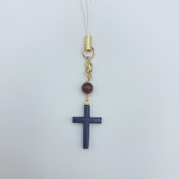 藍染め　木製クロス・十字架・ロザリオ　ストラップ・チャーム　木製×阿波藍　タイガーアイ 木工 2枚目の画像