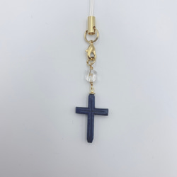 藍染め　木製クロス・十字架・ロザリオ　ストラップ・チャーム　　エンジェルオーロラ　天然木×阿波藍木製ストラップ　木工 2枚目の画像