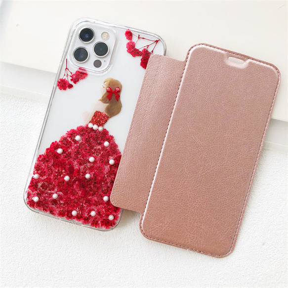 お花をドレス！可愛くてお洒落な押し花ケース！  iPhoneケース 手帳型スマホケース 4枚目の画像