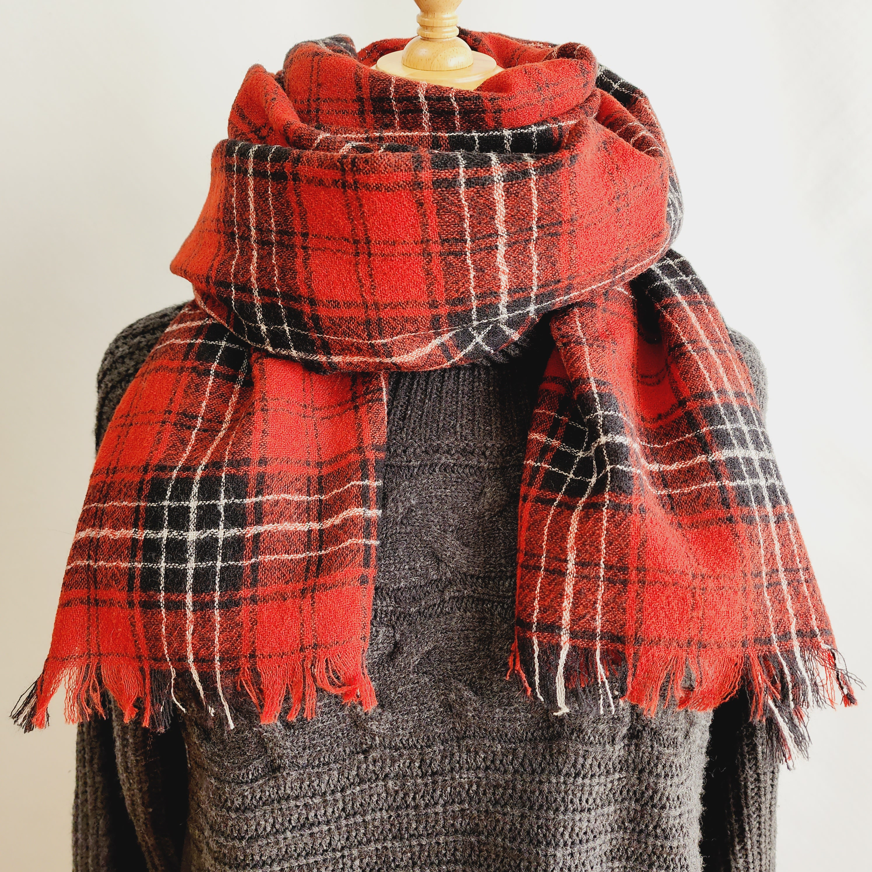 ウール ガーゼ  大判ストール フリンジ ウール100％ 【チェック レッド×ブラック】