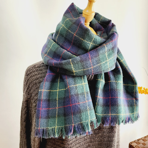 ウール ガーゼ 大判ストール フリンジ ウール100％ 【チェック