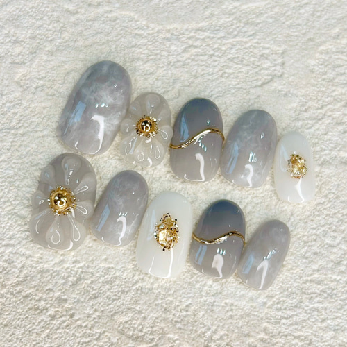 ネイルチップ #02 ブルーグレー マーブル ぷっくりフラワーネイル