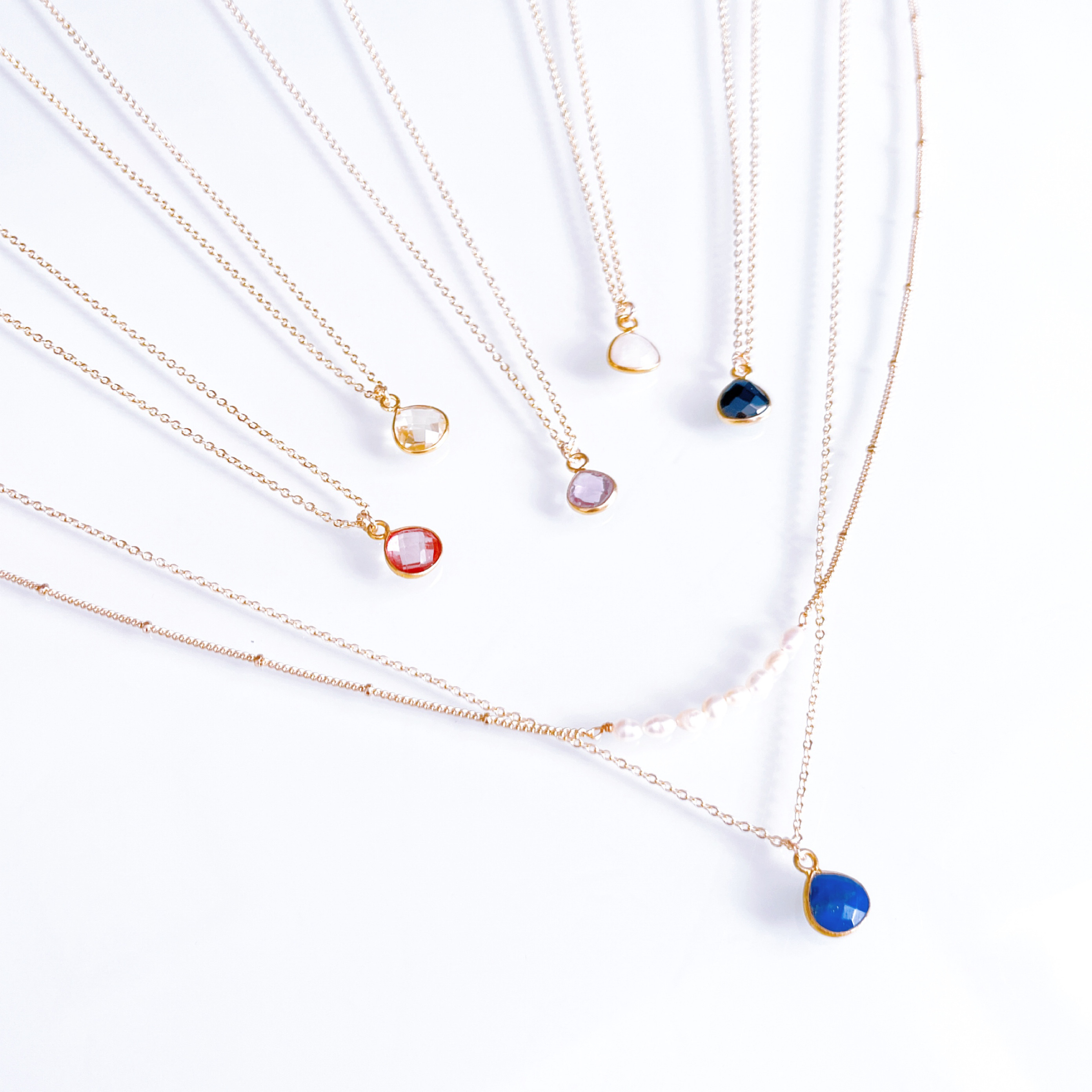 【選べる誕生石】2本セット 一粒ネックレス×淡水パールドットチェーン 重ねづけ 14kgf 誕生日