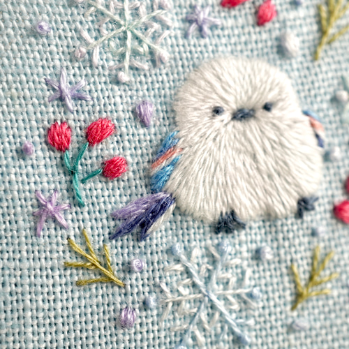 【No.282】シマエナガと花の刺繍フレーム他2点 シマエナガとお花の刺繍フレーム