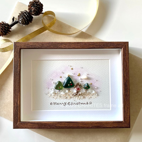 クリスマスツリーのある風景 シーグラス／天然石／フレームアート