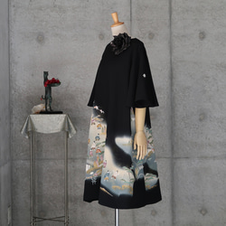 フリル袖の黒留チュニックワンピース/平安物語　フリーサイズ　 着物リメイク　 kimono 1枚目の画像