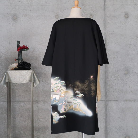 フリル袖の黒留チュニックワンピース/平安物語　フリーサイズ　 着物リメイク　 kimono 6枚目の画像