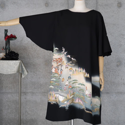 フリル袖の黒留チュニックワンピース/平安物語　フリーサイズ　 着物リメイク　 kimono 5枚目の画像