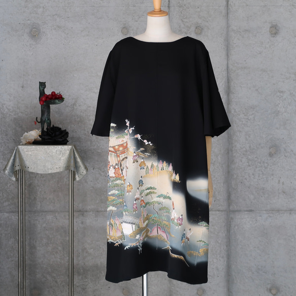 フリル袖の黒留チュニックワンピース/平安物語　フリーサイズ　 着物リメイク　 kimono 3枚目の画像