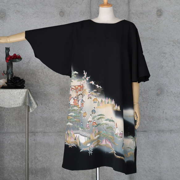 フリル袖の黒留チュニックワンピース/平安物語　フリーサイズ　 着物リメイク　 kimono 2枚目の画像