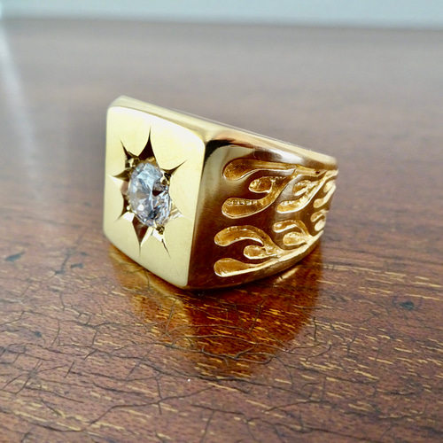 仁尾彫金『一つ星ジルコニア、ファイヤーパターン、ゴールド印台 仁尾彫金『一つ星ジルコニア、ファイヤーパターン、ゴールド印台