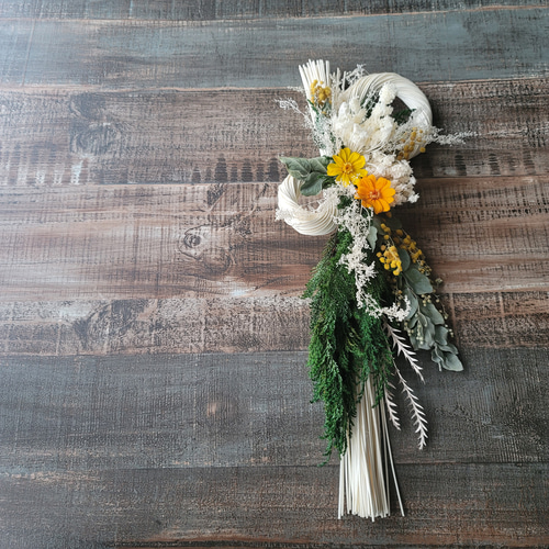 2024ミモザとジニアのしめ縄 お正月飾り 注連縄 しめ飾り しめ縄 丸藤