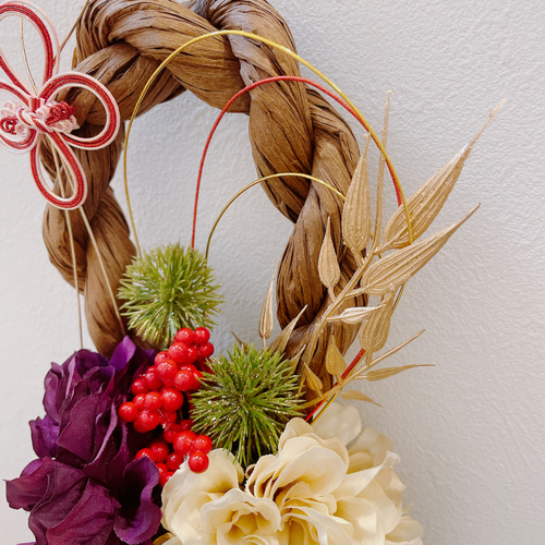 1点もの】2024年 おしゃれしめ縄 茶色 紫とオフホワイトのダリア2個