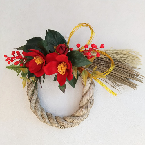 2way】艶やか 紅椿のしめ縄飾り お正月飾り 室内インテリアにも 和風