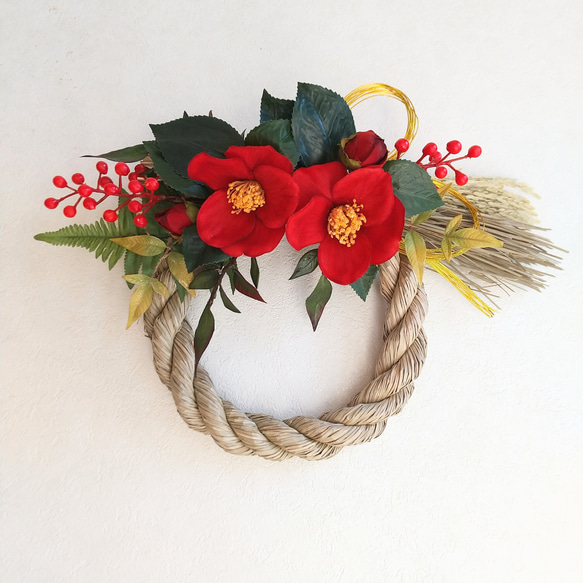 2way】艶やか 紅椿のしめ縄飾り お正月飾り 室内インテリアにも 和風