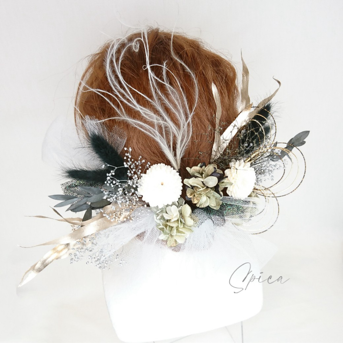 【一点限定】プリザ紫陽花とユーカリとチュールのヘッドドレス 水引 髪飾り 成人式 卒業式 ブラック ゴールド