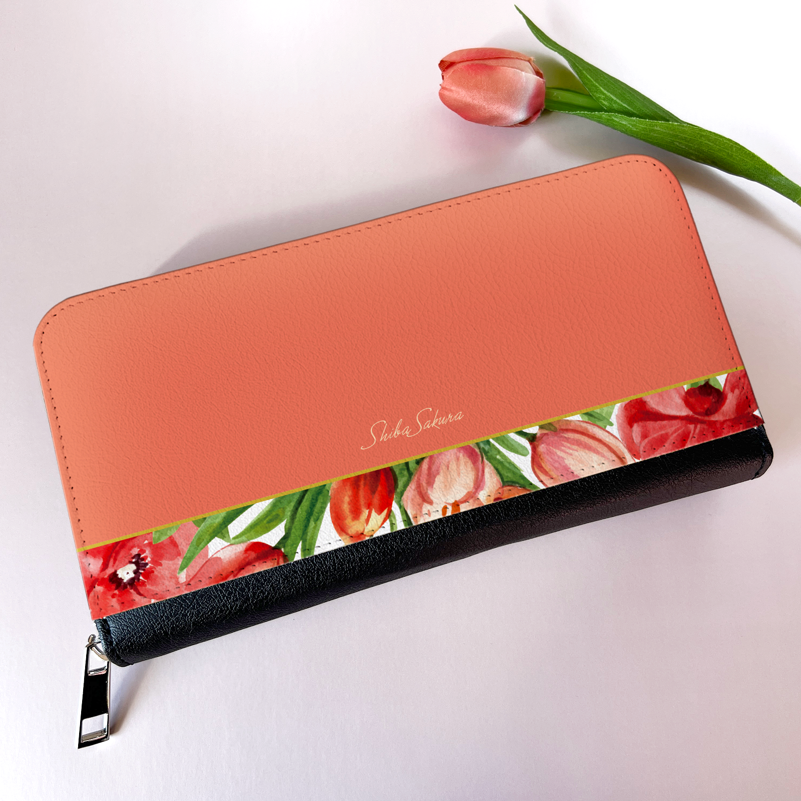チューリップの長財布（コーラルピンク） チューリップ 春 花 財布 長財布