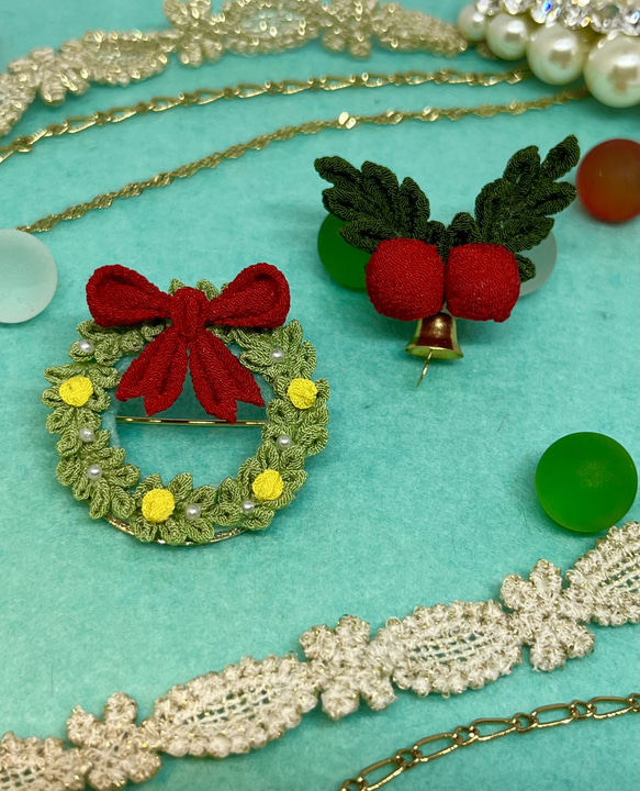 ハンドメイド 刺繍ブローチ クリスマスリース お揃い プチギフト