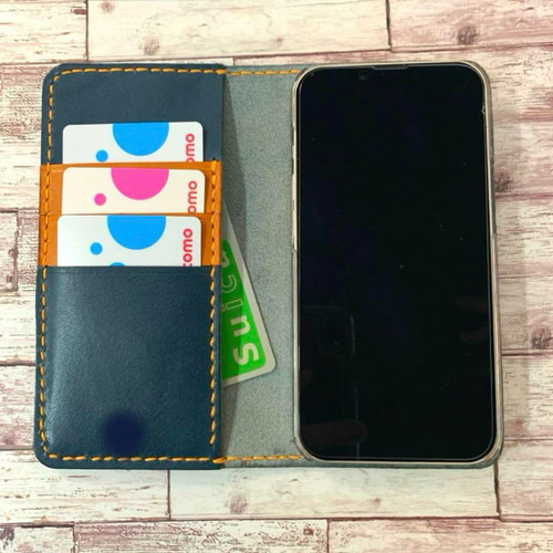 栃木レザーネイビーiPhoneケーススマホケース本革手帳型ポケット付